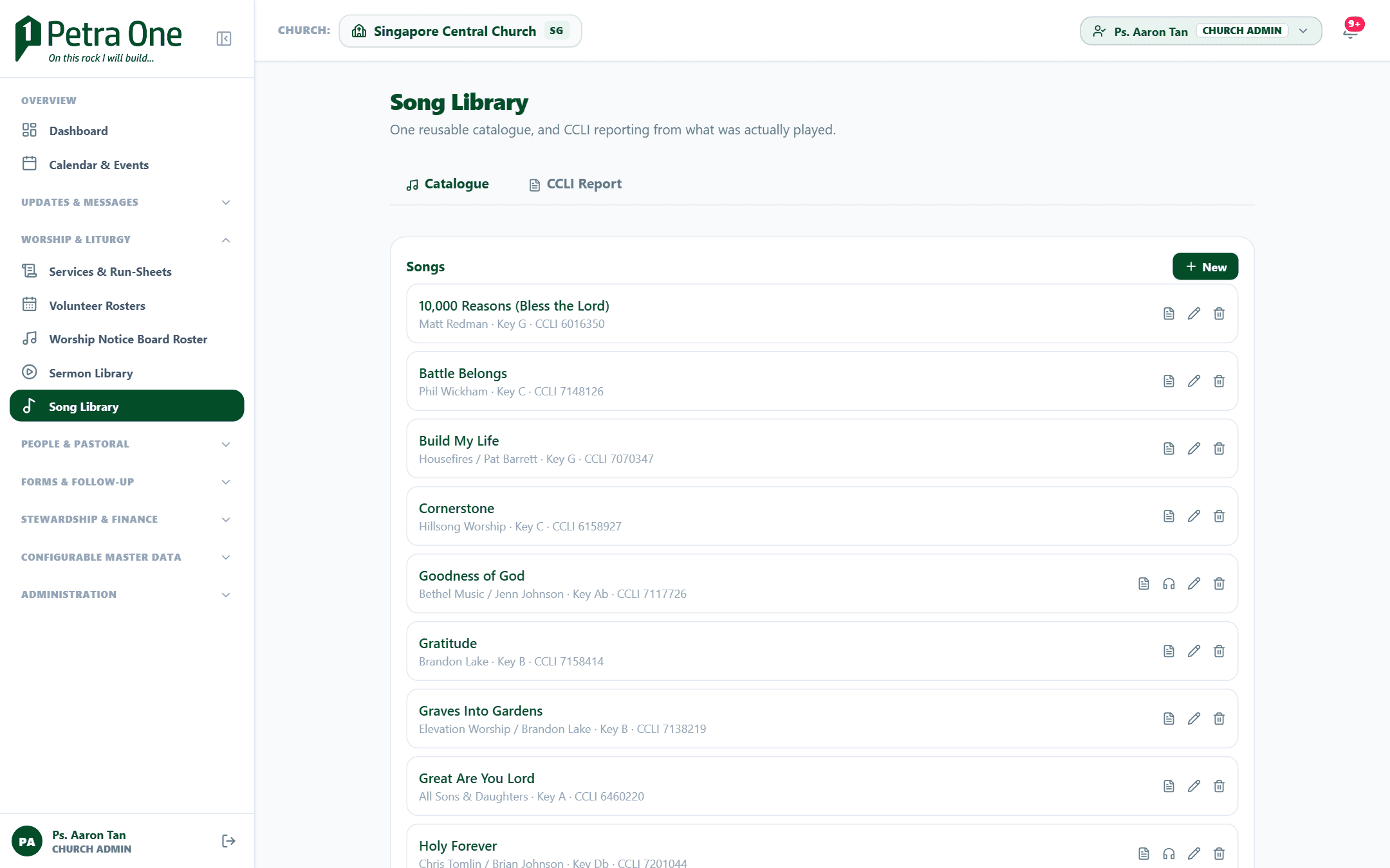 Petra One song library listing songs with their keys and CCLI numbers