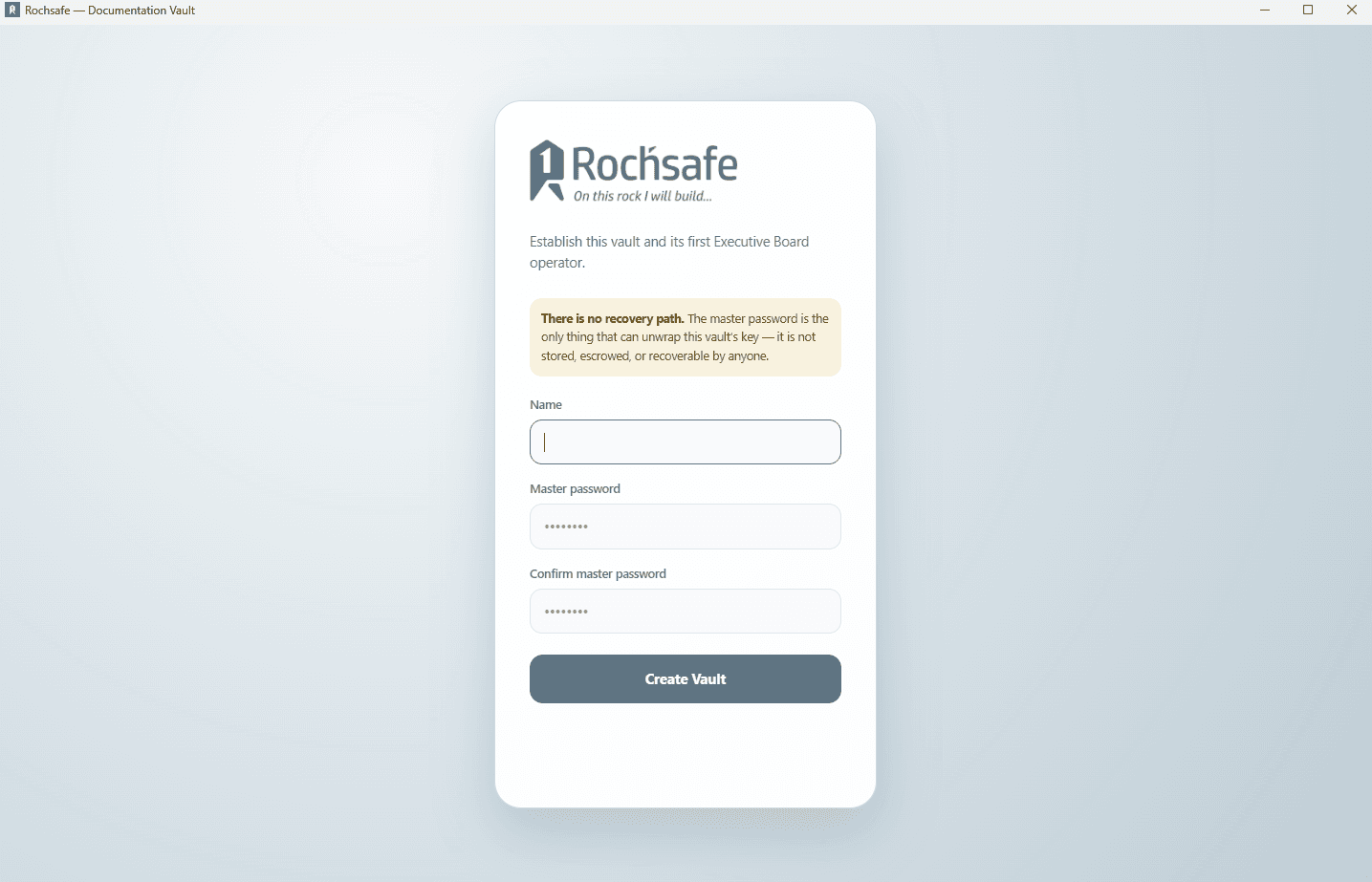 Rochsafe first-launch screen for creating the vault and its master password